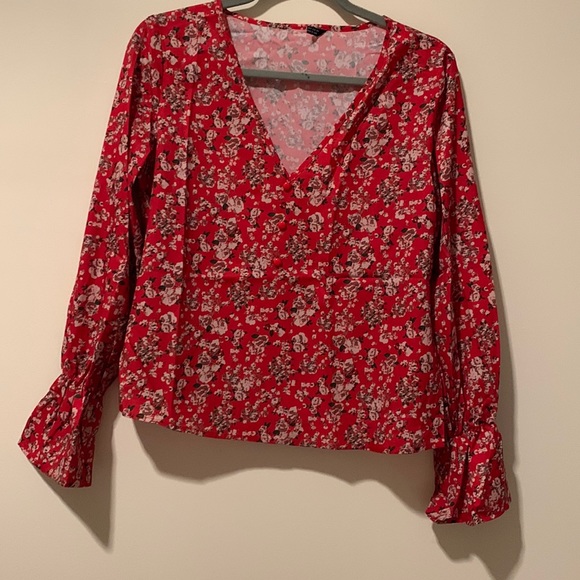 LAST 1️⃣ 🤍Red V-neck Flounce Sleeve Floral Print Top - Picture 6 of 8